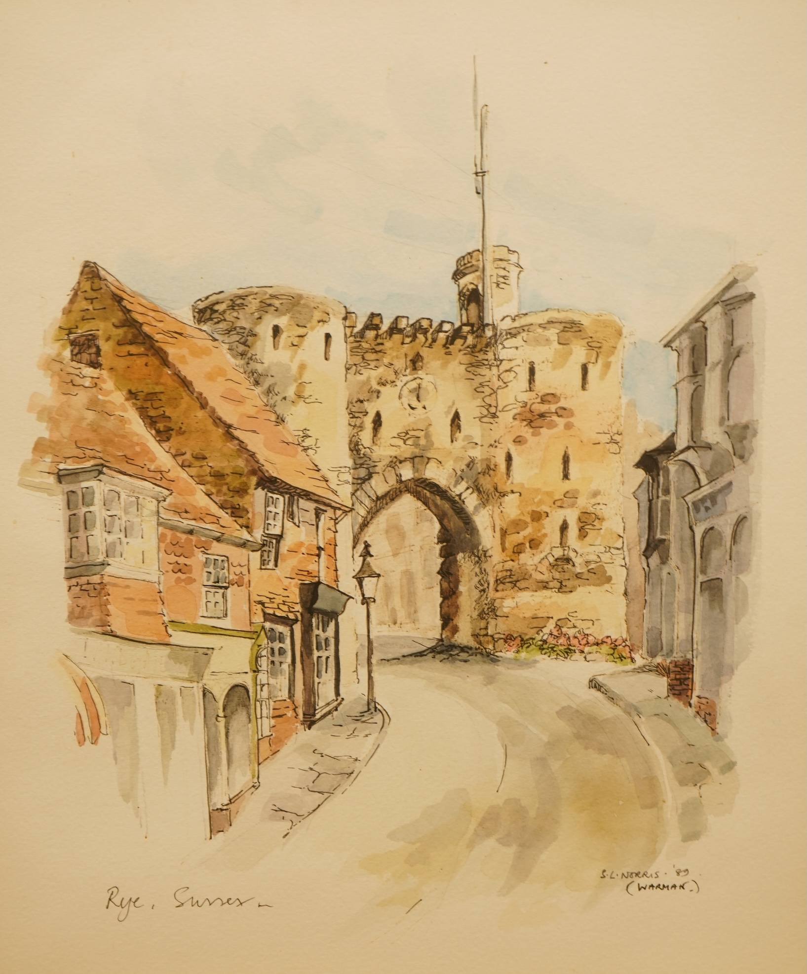 A collection of mostly prints and some watercolours to include an ink and watercolour, Coastal view with boats, Rye, Sussex street scene, Study of leaves and Study of birds, each framed